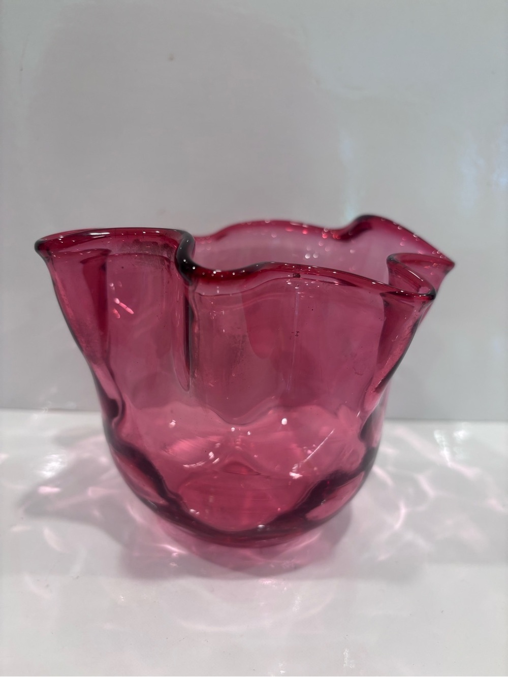 Handblown Cranberry Pink Ruffled Glass Bowl vintage optic glass vase votive